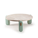 Table basse Mona — travertine top, jade lacquered wood feet, natural oak applications