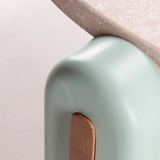 Table basse Mona — travertine top, jade lacquered wood feet, natural oak applications