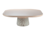 Table basse Poppy — center table: nude lacquered wood top, estremoz white base
