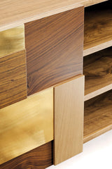 Meuble TV Form — natural walnut and polished brass applications