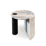 Table d'appoint Helene — side table: estremoz rose marble top, textured base in estremoz marble and cylindric base in nero marquina