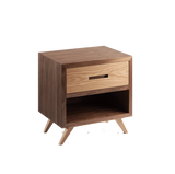 Table de chevet Space — natural walnut structure and natural oak drawers