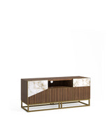 Meuble TV Oblique 140 - Pieds en fer bronze marron libra — Chêne 79 & Céramique Cuarzo Reno Gloss