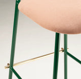 Chaise de bar Miami — bouclê celadon back, smooth easy clean rose water seat, emerald lacquered metal feet, polished brass applications