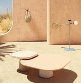 Table basse Poppy — center table: nude lacquered wood top, estremoz white base