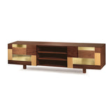 Meuble TV Form — natural walnut and polished brass applications