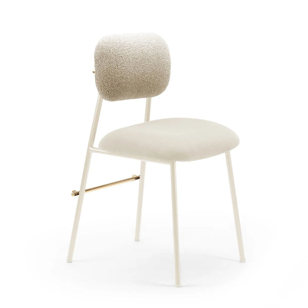 Chaise Miami — bouclê snow back, smooth easy clean shell seat, ivory lacquered metal feet, polished brass applications