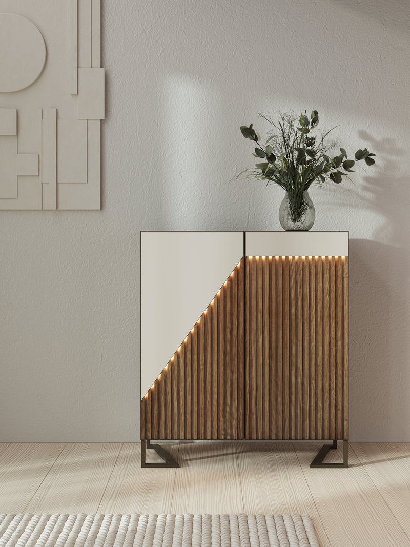Armoire Oblique 110 - Pieds en fer bronze marron mirror — Chêne 79 & Laqué Blanc Cassé
