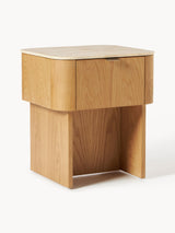 Table de chevet ZUMI, finition chêne laqué avec plateau en travertin