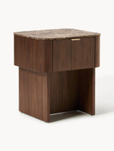 Table de chevet ZUMI, finition bois de noyer avec plateau en marbre