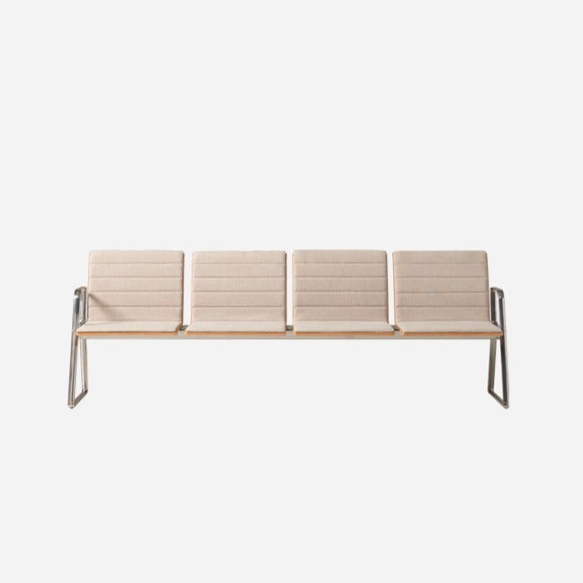 Banc Lin wood 4 places Tissu assise & dossier — Chêne naturel, poli & tapisserie surpiqûres