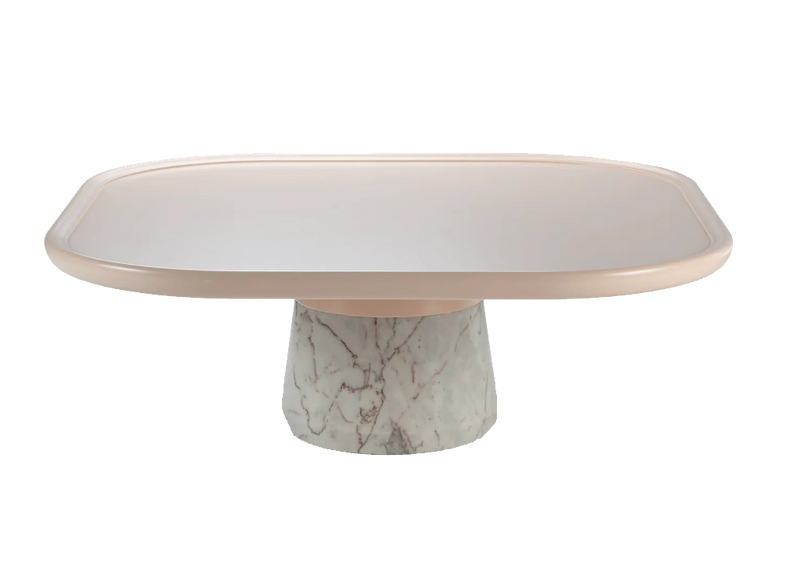 Table basse Poppy — center table: nude lacquered wood top, estremoz white base