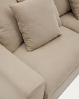 Canapé Nora, détail du tissu lin et coton taupe et des coussins