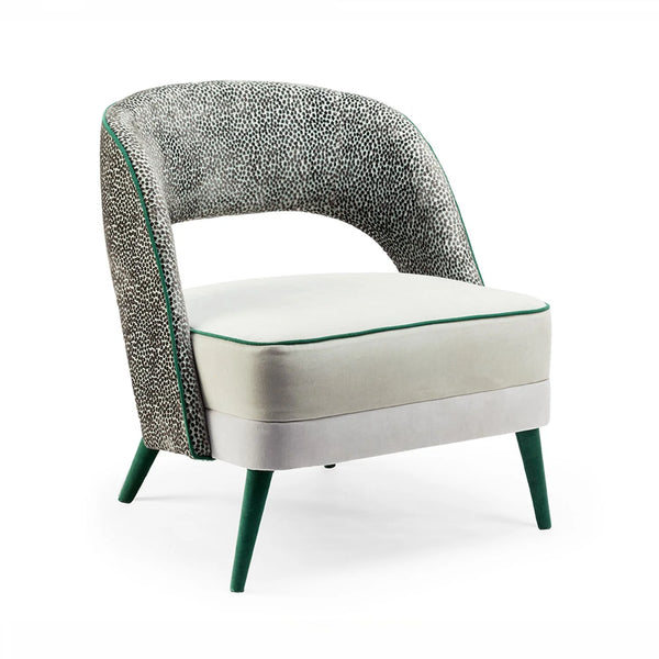 Fauteuil Ava — flare sage back, smooth easy clean sage and shell seat, smooth easy clean forest piping, paris forest upholstery feet