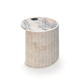 Table d'appoint Helene — side table: estremoz rose marble top, textured base in estremoz marble and cylindric base in nero marquina