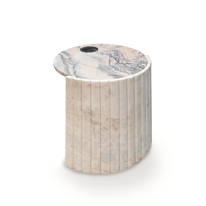 Table d'appoint Helene — side table: estremoz rose marble top, textured base in estremoz marble and cylindric base in nero marquina