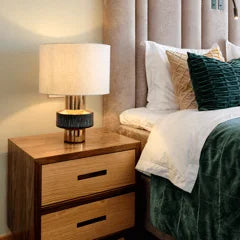 Table de chevet Space — natural walnut structure and natural oak drawers