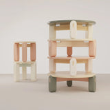 Table d'appoint Mona — travertine top, powder lacquered wood feet, natural oak applications