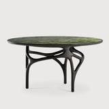 Table Cena, piètement teck brun foncé, plateau marbre vert - vue de face