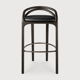 Tabouret de bar Aleta, teck brun foncé, cuir noir, métal bronze - vue de face