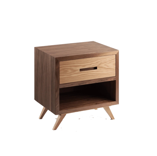 Table de chevet Space — natural walnut structure and natural oak drawers