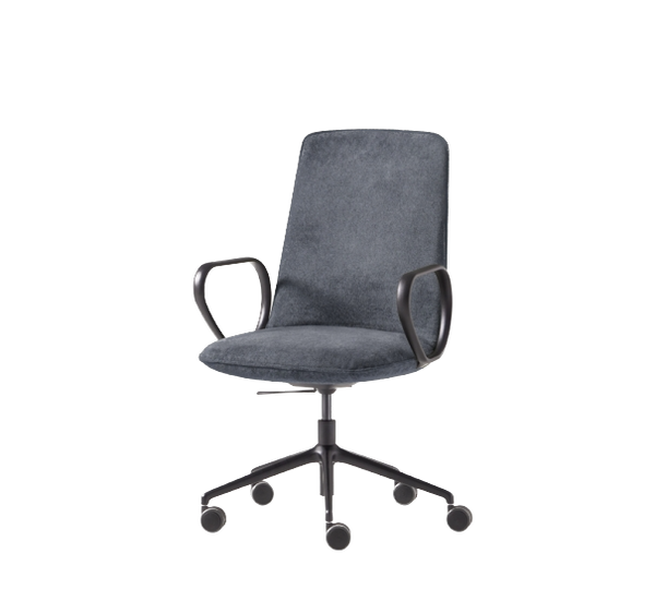 Fauteuil Kori dossier moyen 5 rayons à roulettes & accoudoirs — Aluminium noir & Medley 60004