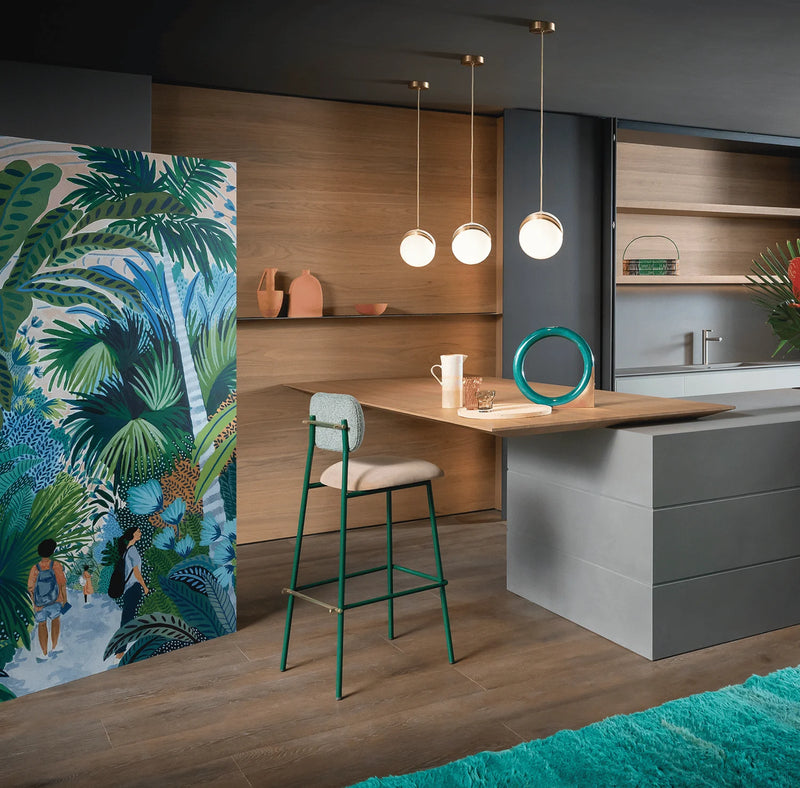 Chaise de bar Miami — bouclê terracota back, smooth easy clean tobaco, emerald lacquered metal structure, polishes brass applications