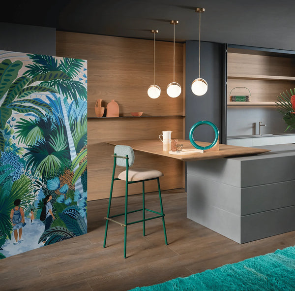 Chaise de bar Miami — bouclê celadon back, smooth easy clean rose water seat, emerald lacquered metal feet, polished brass applications