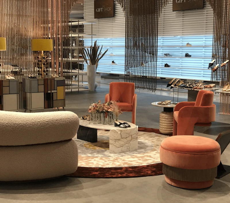 Table basse Jean — center table: estremoz marble top, estremoz pink and nero marquina marble marble base