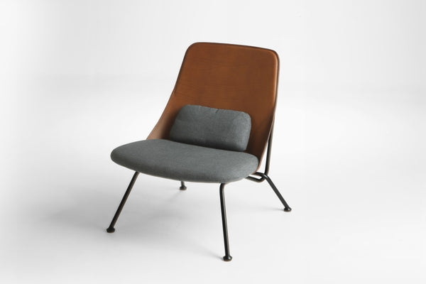 Fauteuil Bas STRAIN — Cuir marron & tissu gris