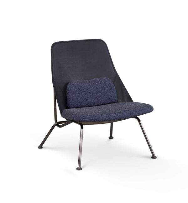 Fauteuil Bas STRAIN — Cuir noir & tissu bleu marine
