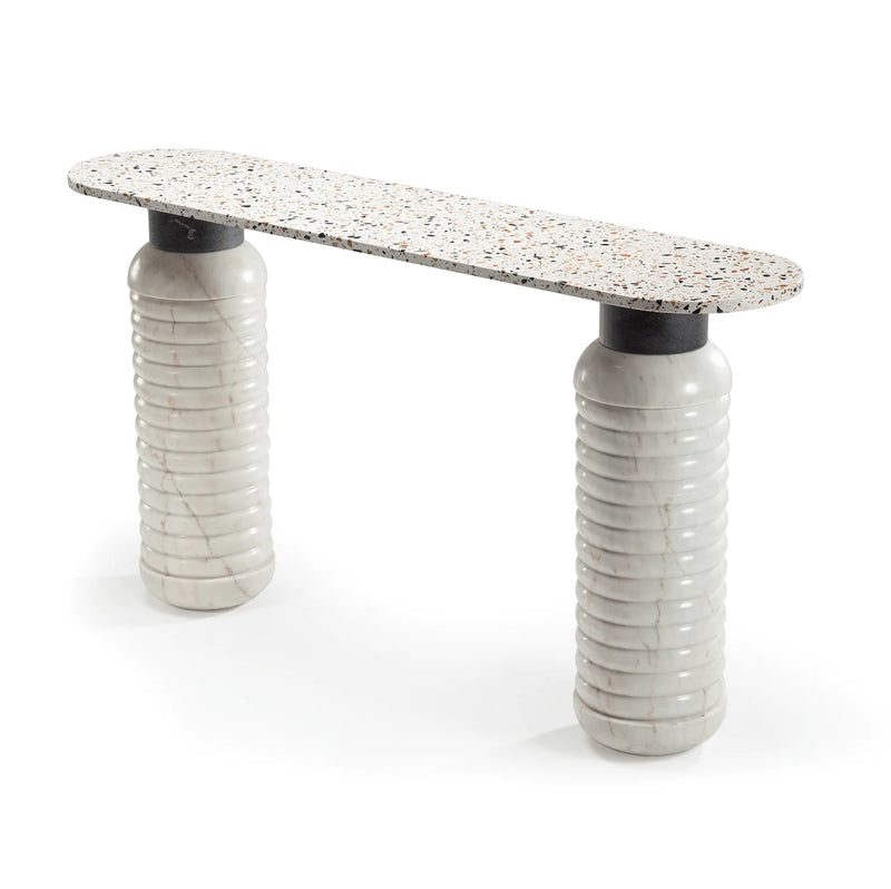 Console Jean — top in terrazzo africa, middle part in nero marquina marble, feet in estremoz white