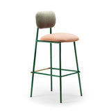 Chaise de bar Miami — bouclê celadon back, smooth easy clean rose water seat, emerald lacquered metal feet, polished brass applications