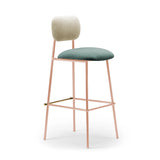 Chaise de bar Miami — bouclê snow back, smooth easy clean kakhi, salmon lacquered metal structure, polishes brass applications