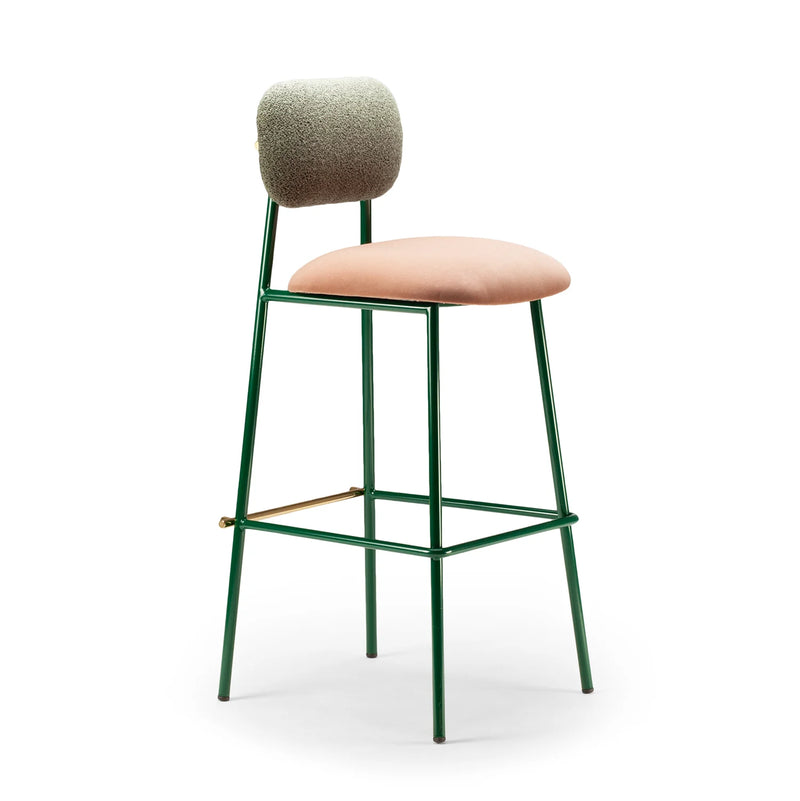 Chaise de bar Miami — bouclê celadon back, smooth easy clean rose water seat, emerald lacquered metal feet, polished brass applications